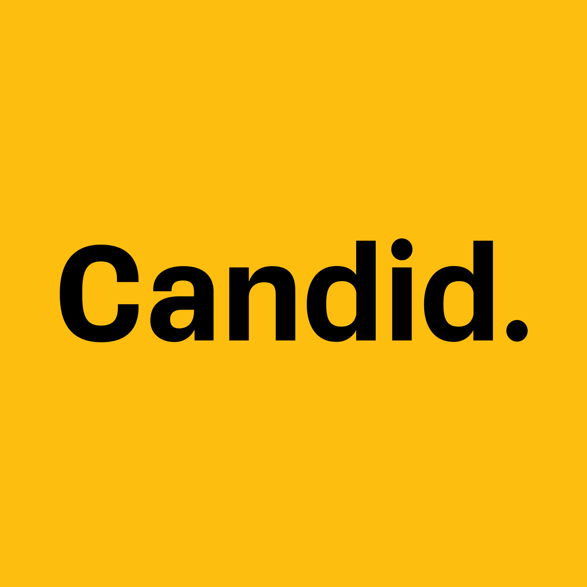 The word 'Candid.' displayed in bold black text on a yellow background.